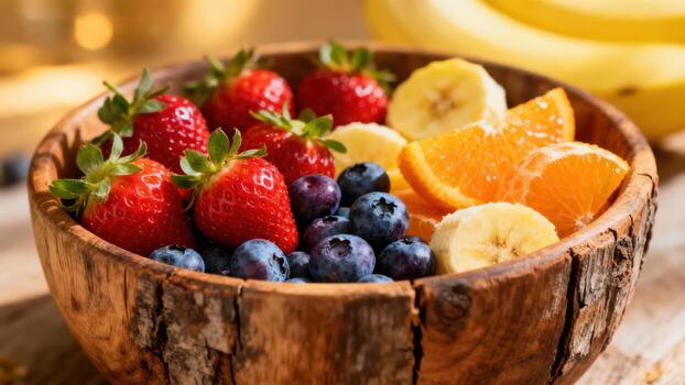 A wooden bowl brimming with a colorful array of fresh fruit, including vibrant strawberries, juicy blueberries, sliced bananas, and segments of oranges, creating a visually appealing and healthy... photo