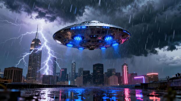 un futurista astronave flota terminado un ciudad durante un dramático tormenta, iluminado por vibrante luces reflejando en un mojado techo. foto