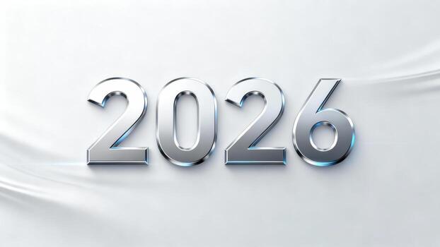 Stylish, metallic silver 2026 numerals displayed against a smooth, flowing white background. photo