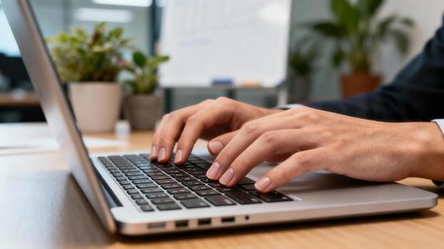 Close-up view of hands typing on a laptop keyboard, showcasing detail and focus on the hands and keyboard. photo