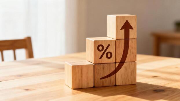 Wooden blocks arranged in a stack, showcasing an upward trend graph with percentage symbols, symbolizing growth and progress on a light brown wooden table. photo
