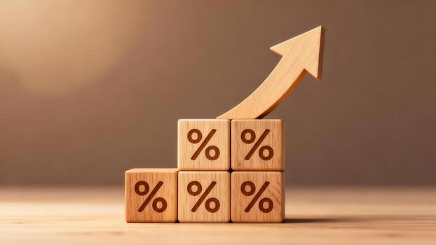 Wooden blocks with percentage symbols form a rising graph, symbolizing growth and progress. photo