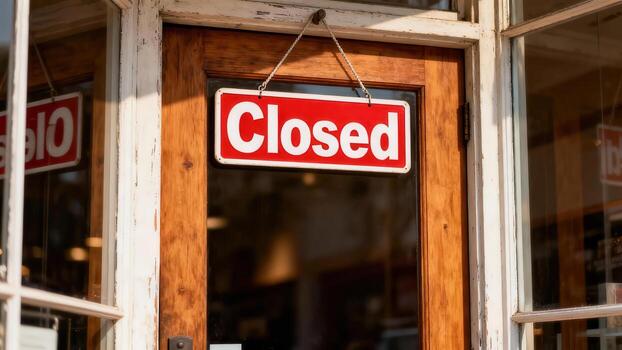 A closed storefront sign hangs from a wooden door, reflecting light and shadow. photo