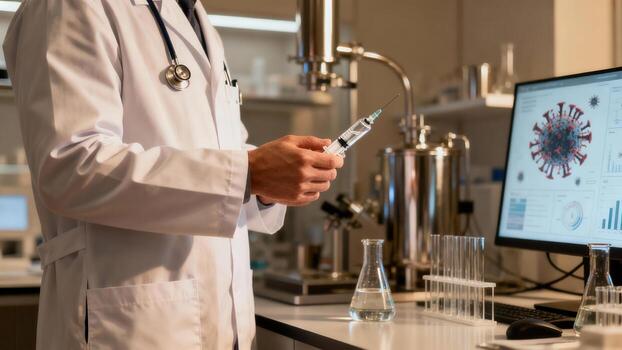 A scientist holds a syringe, a symbol of medical research and innovation, in a modern laboratory setting. photo