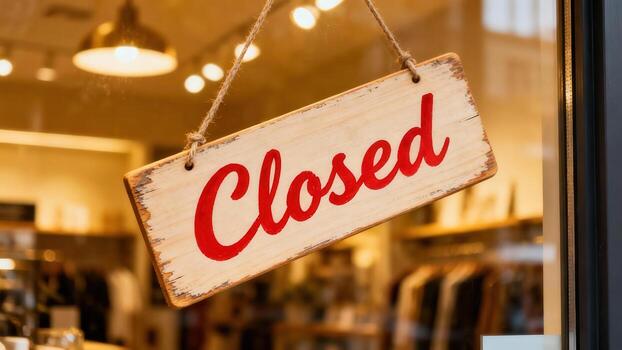 A rustic wooden sign, displaying the word closed in bold red script, hangs from a store window, signaling a temporary closure. photo