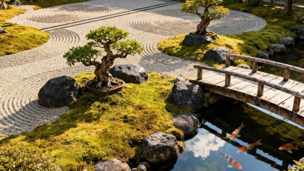 A serene zen garden with a tranquil pond and a small wooden bridge, showcasing meticulously crafted sand patterns, a bonsai tree, and colorful koi fish. photo