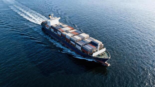 High-angle view of a large cargo ship cutting through calm ocean waters, showcasing its impressive size and dark hull contrasted with containers of various colors. photo