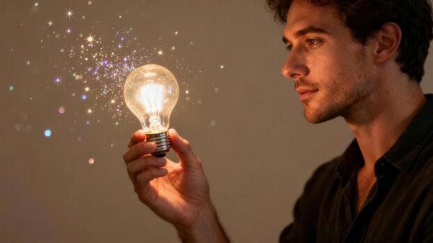A thoughtful man gazes at a glowing lightbulb, radiating ideas and inspiration in a warm, neutral setting. photo