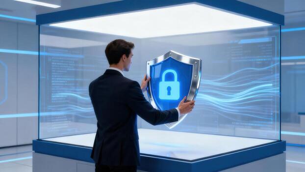 A man in a dark suit interacts with a digital shield graphic, showcasing futuristic technology and security. photo