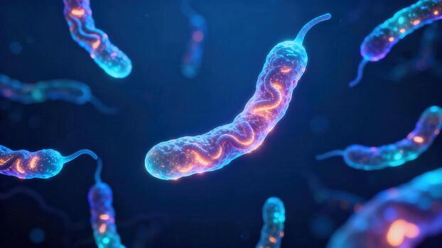 intrincado microscópico bacterias, iluminado con vibrante azul y naranja matices, creando un cautivador científico visualización. foto