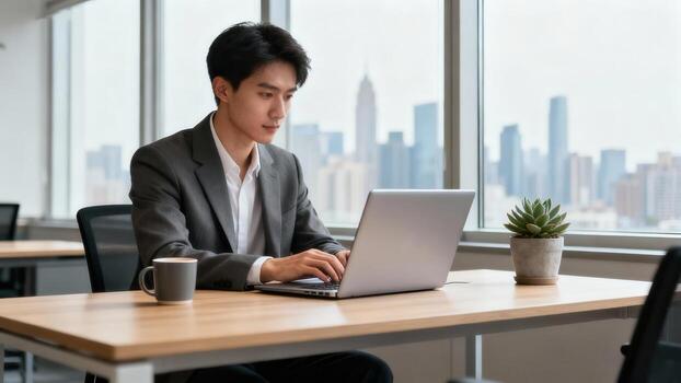 A focused young man in a business suit works on his laptop in a modern office, city views visible through the large window. photo