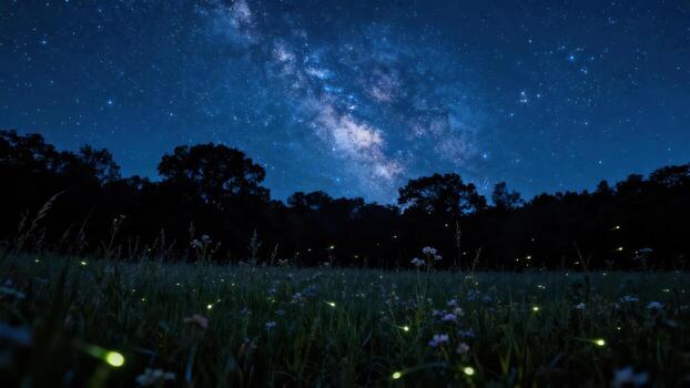 A field of fireflies illuminates a meadow beneath a vast night sky filled with stars and the Milky Way. photo