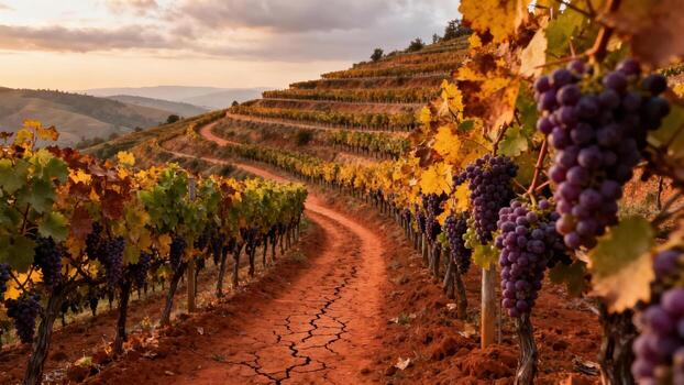 Winding path through a vineyard in autumn, showcasing clusters of ripe grapes against a backdrop of colorful foliage and terraced hills. photo