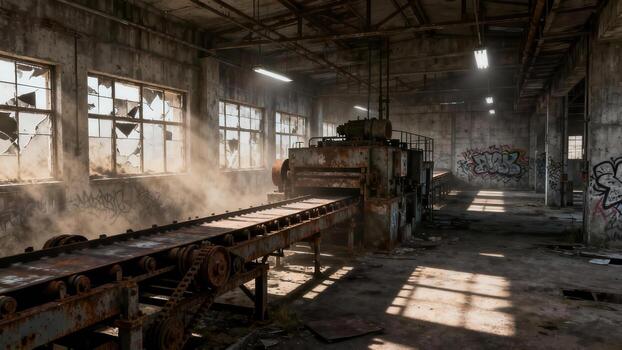 Sunbeams illuminate an abandoned factory, showcasing rusted machinery and shattered windows, creating a sense of decay and desolation. photo
