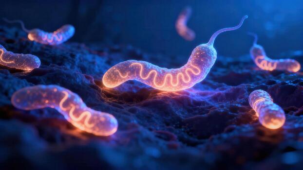 Illuminated microscopic view of luminous bacteria, showcasing intricate details and vibrant colors. photo