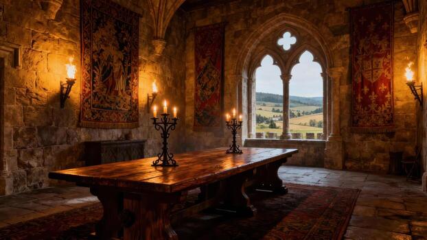 un grandioso, tenuemente iluminado medieval sala, presentando un largo de madera mesa, tapices, y velas esclarecedor el habitación, con un hermosa vista mediante un grande arqueado ventana. foto