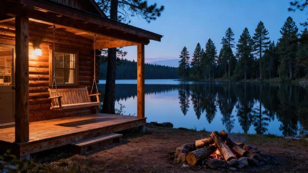 un tranquilo Iniciar sesión cabina se sienta en un orilla del lago, bañado en el calentar resplandor de crepúsculo, con un relajante fuego en el primer plano. foto