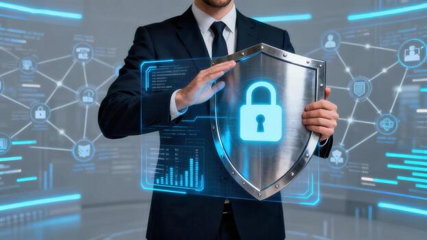 A businessman confidently holds a digital shield, symbolizing robust security and advanced data protection. photo