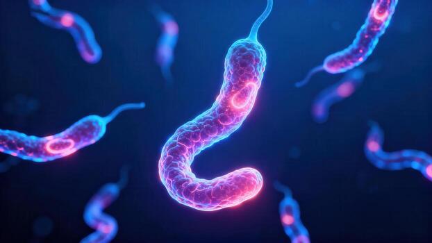 A vibrant microscopic illustration showcases various bacteria in a deep blue backdrop. photo