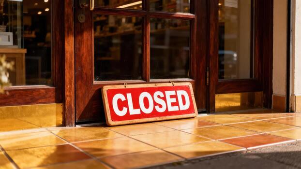 A closed storefront with a red and white sign announces the temporary closure of a small business. photo