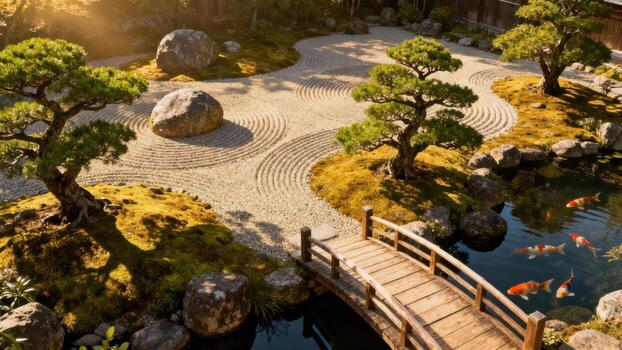 A serene Japanese garden with meticulously crafted sand patterns, mature trees, and a tranquil pond with koi fish. photo
