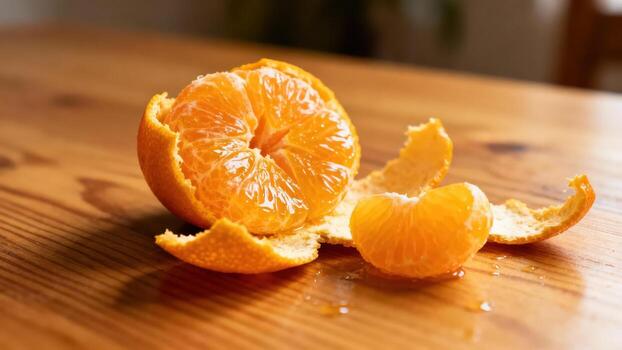 A juicy segment of a peeled tangerine sits on a light brown wooden surface, displaying vibrant orange hues and a fresh, appetizing quality. photo