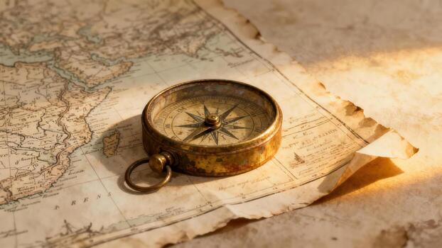 An antique brass compass rests atop a weathered map, casting a warm glow on the aged paper. photo