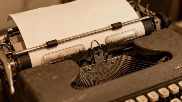 An antique typewriter, with its intricate machinery and blank paper, displays a sense of vintage nostalgia. photo