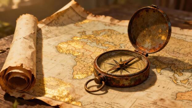 An aged world map, a rolled parchment, and a weathered compass, depicting exploration and discovery. photo