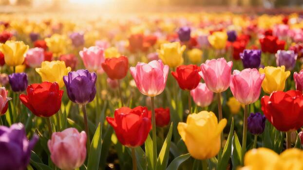 un vibrante campo de tulipanes en varios matices, bañado en luz de sol, muestra un alegre primavera escena. foto