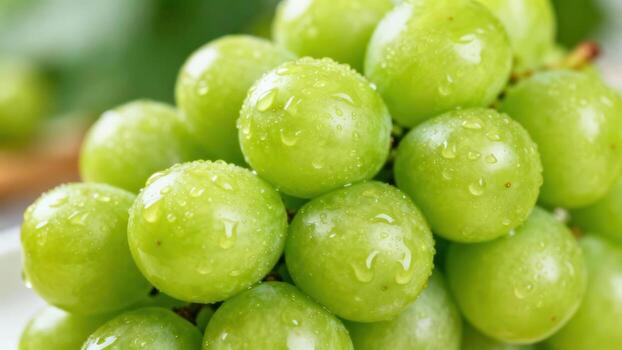 Close-up view of a bunch of fresh, vibrant green grapes covered in water droplets, showcasing their plumpness and freshness. photo