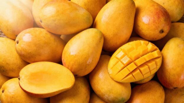 A close-up view of many ripe, vibrant yellow mangoes, with one cut open to display its diced interior, creating a visual feast for the eyes. photo
