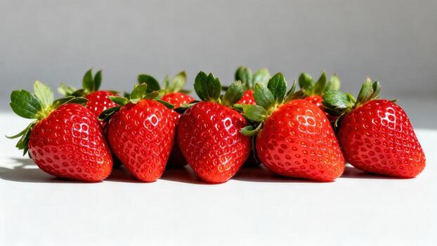 Fresh, vibrant strawberries in a close-up display against a plain white background. photo