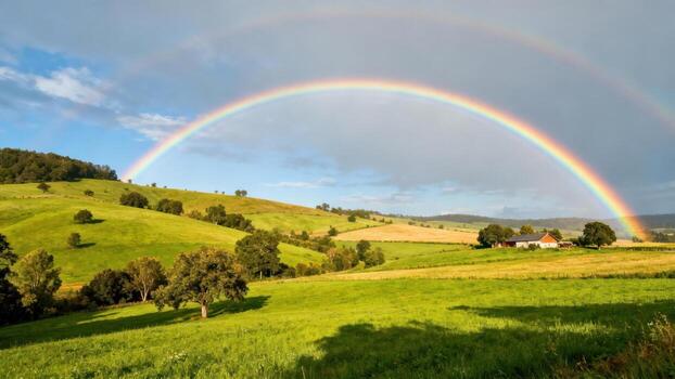 A vibrant rainbow arches over a rolling green landscape dotted with trees and a rustic farmhouse. photo