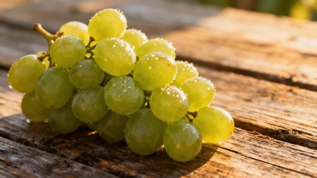 A cluster of fresh, dewy green grapes rests on a rustic wooden surface, bathed in warm sunlight. photo