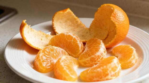 Freshly peeled and sliced tangerines arranged on a white plate, showcasing vibrant orange hues and a close-up view of the fruit's segments. photo