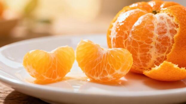Close-up of vibrant orange segments and a peeled tangerine on a white plate, showcasing the intricate texture and rich color of the fruit. photo