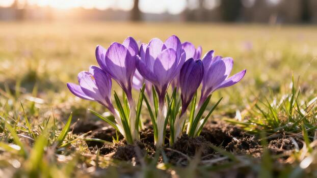 un racimo de vibrante púrpura azafrán flores emerge desde el suelo, bañado en calentar luz de sol, creando un alegre primavera escena. foto