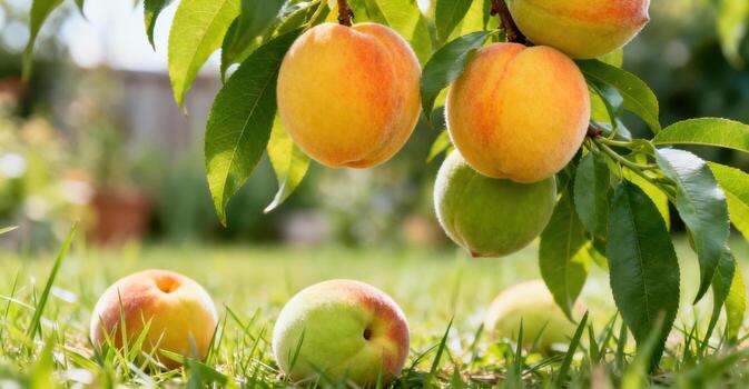 Ripe peaches hang from a tree branch with ripe and unripe fruits on the ground. photo