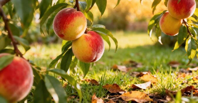 Ripe peaches hang from a tree branch in a sunlit orchard. photo