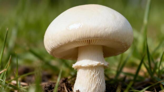 White mushroom grows in green grass with shallow depth of field. photo