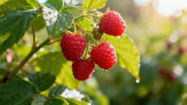 Ripe raspberries with water drops on a bush in soft sunlight. photo