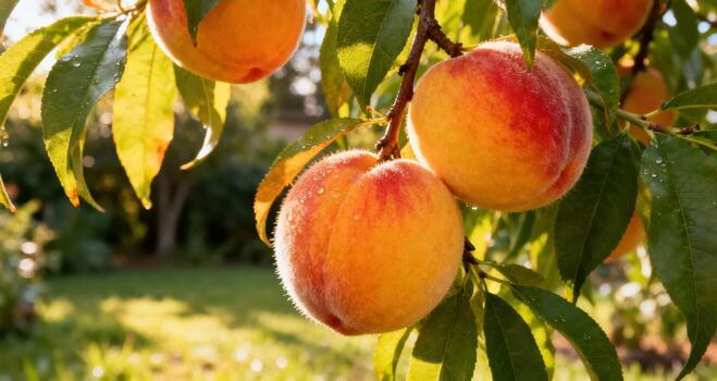 Ripe peaches hang from a sunlit tree branch with water droplets. photo
