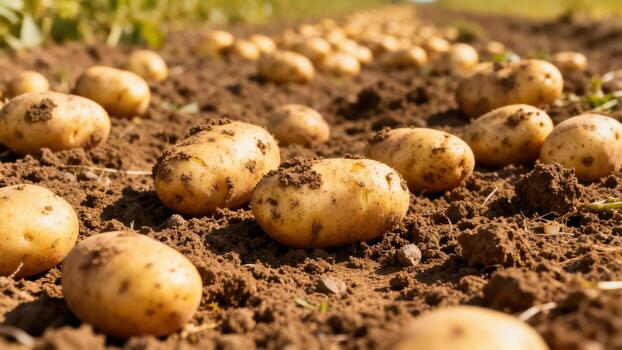 Freshly dug potatoes lay on rich soil in a sunlit field. photo