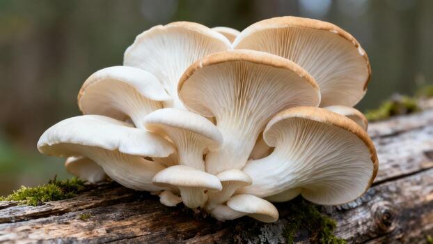 Delicate cluster of oyster mushrooms grows on mossy log. photo
