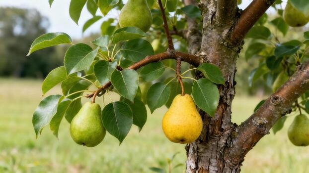 Ripe pears grow on a tree in a sunny orchard with green leaves. photo