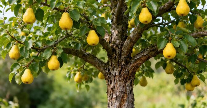 Ripe yellow pears hang from a tree branch laden with leaves. photo