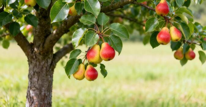 Ripe pears hang on a tree branch with a blurred green background. photo