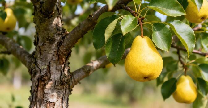 A pear tree with yellow fruit hanging from the branches photo