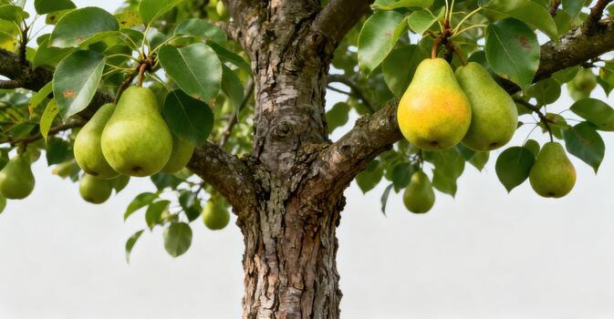 Ripe green pears hang from a tree on a bright, overcast day. photo